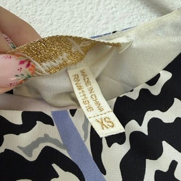 YUMI KIM Silk Sheath Dress Black Ivory Blue Geometric Print XS - Picture 4 of 6